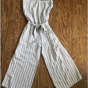CLOTH & STONE Striped Jumpsuit with Raw Neckline & Raw Hem